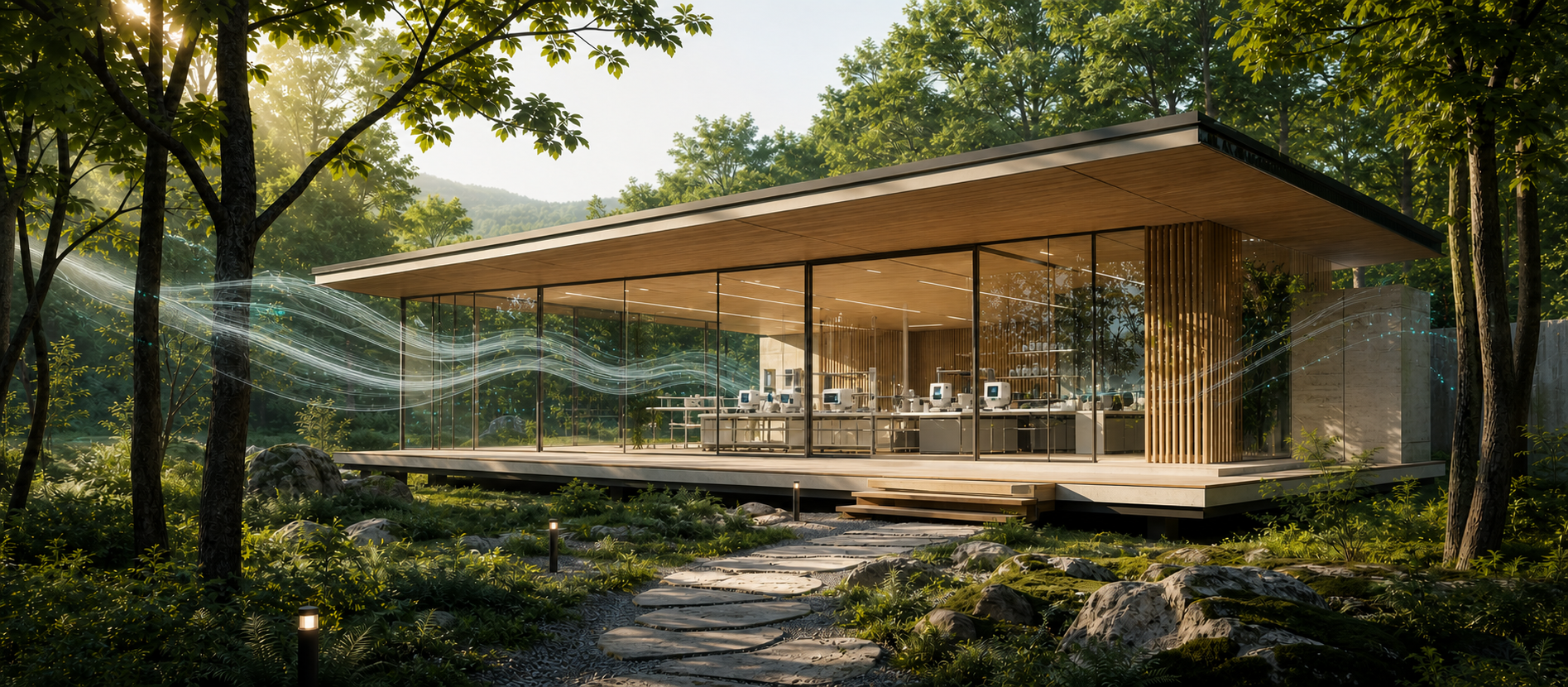 Modern forest research pavilion with subtle scent intelligence signals