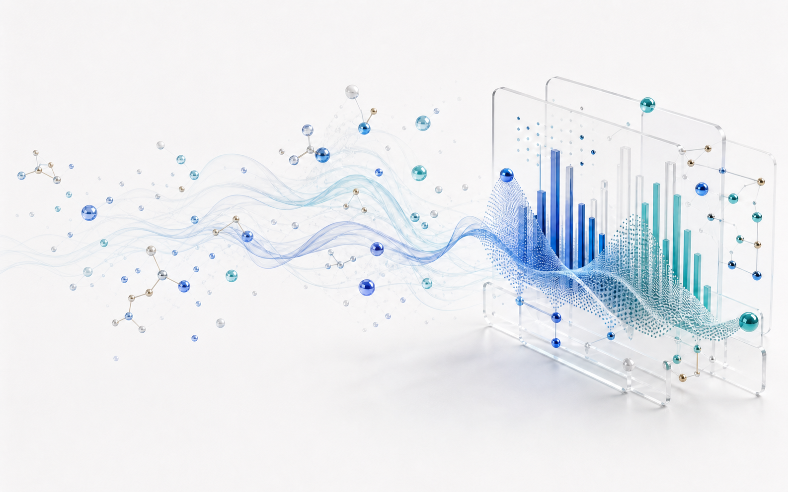 Molecular scent streams becoming structured blue and teal data across dimensional glass panels