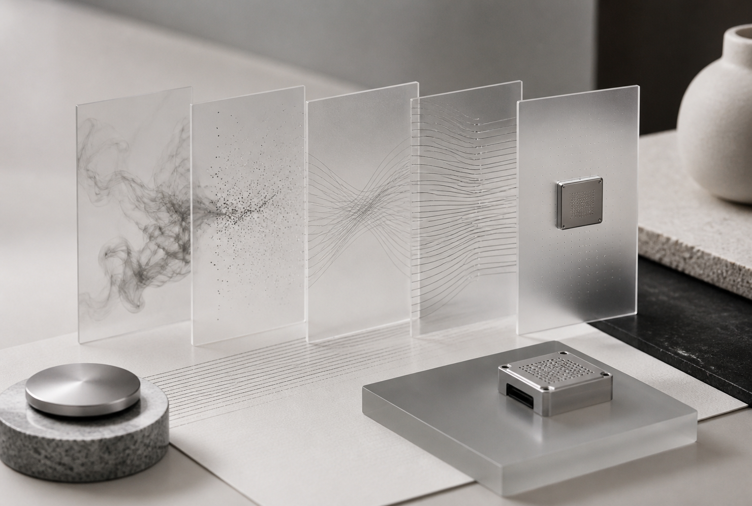 Layered translucent panels showing scent signals becoming structured data beside a sensor module
