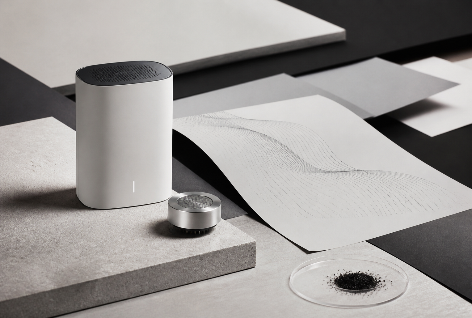 Minimal olfactory sensing product and signal artwork on a calm monochrome tabletop