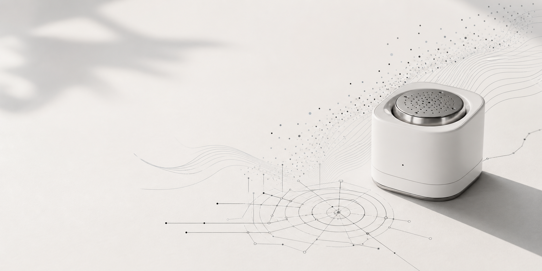 Minimal NeuroSense design art with an olfactory sensing device, scent signal particles, and precise technical linework