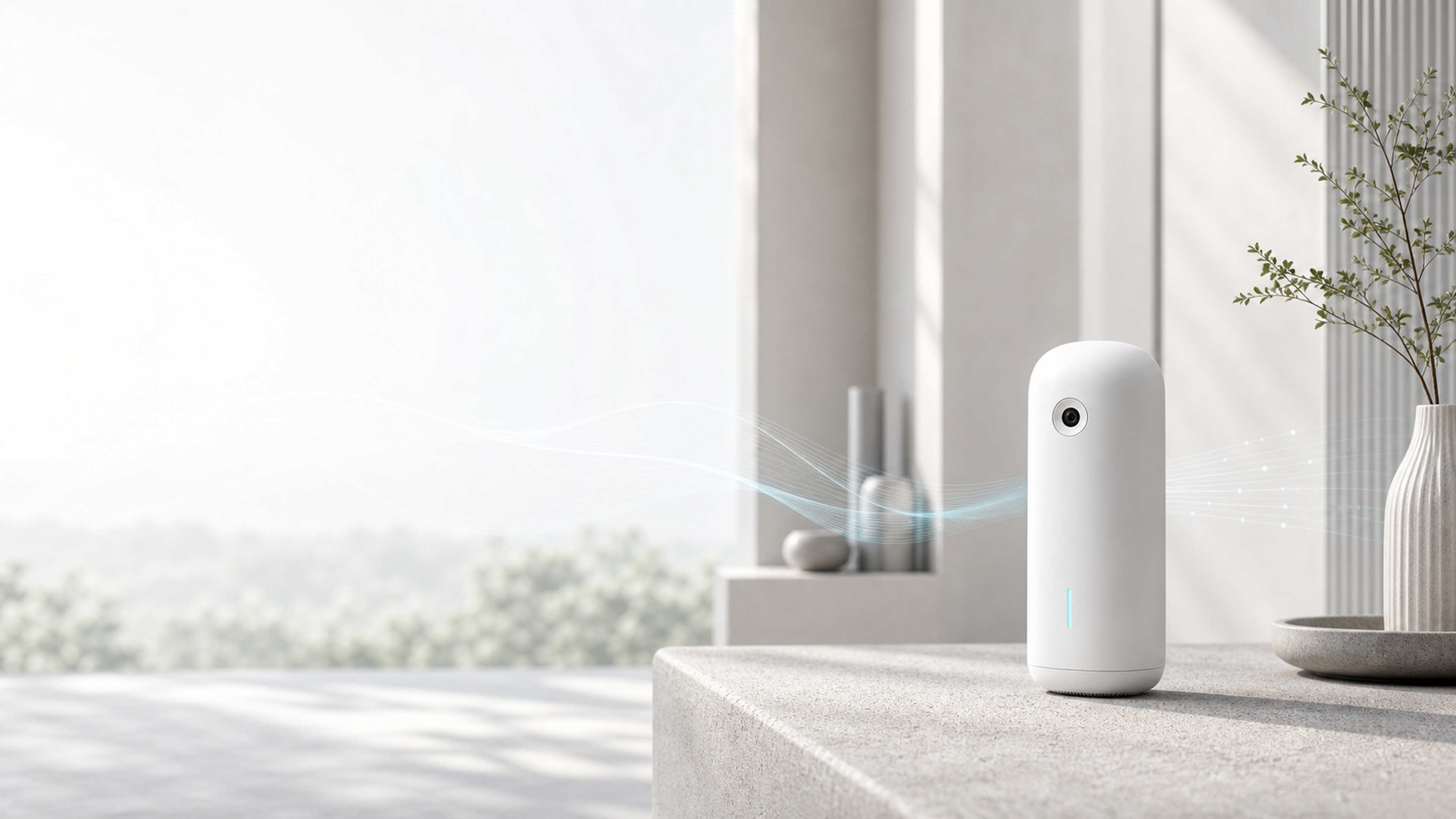 Upright NeuroSense olfactory sensing device in a bright interior with subtle airflow visualization