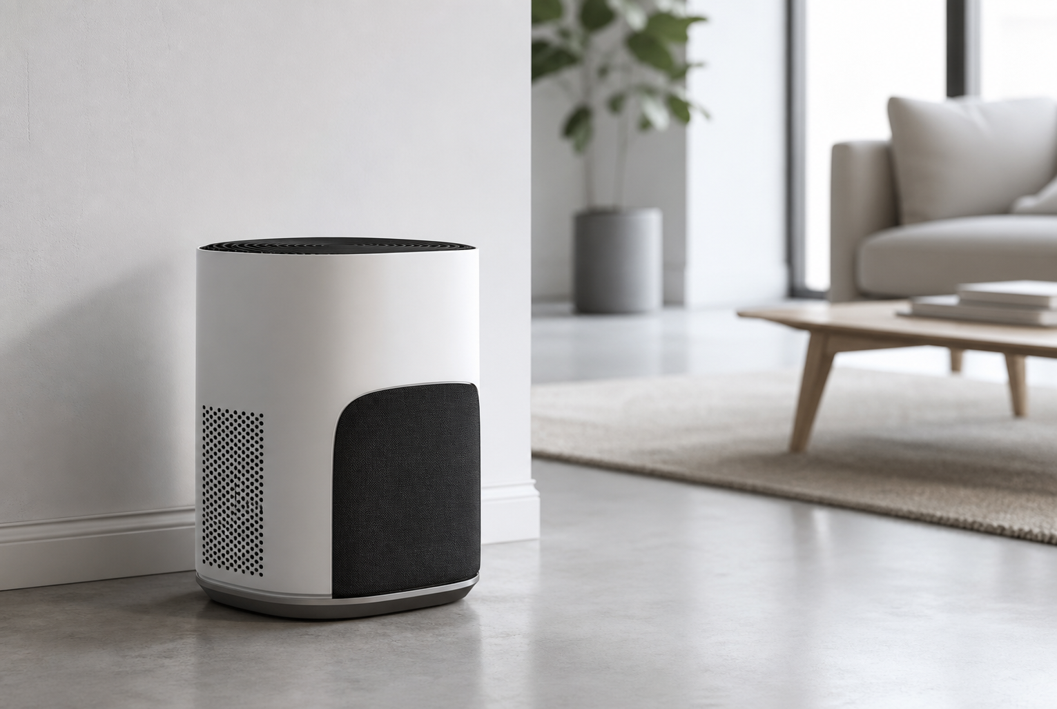 Minimal smart air-care product in a bright interior with an integrated odor sensing module