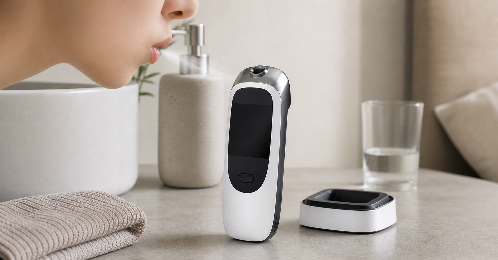 Portable health screening device being used with a cropped mouth and nose gently blowing toward the sensor